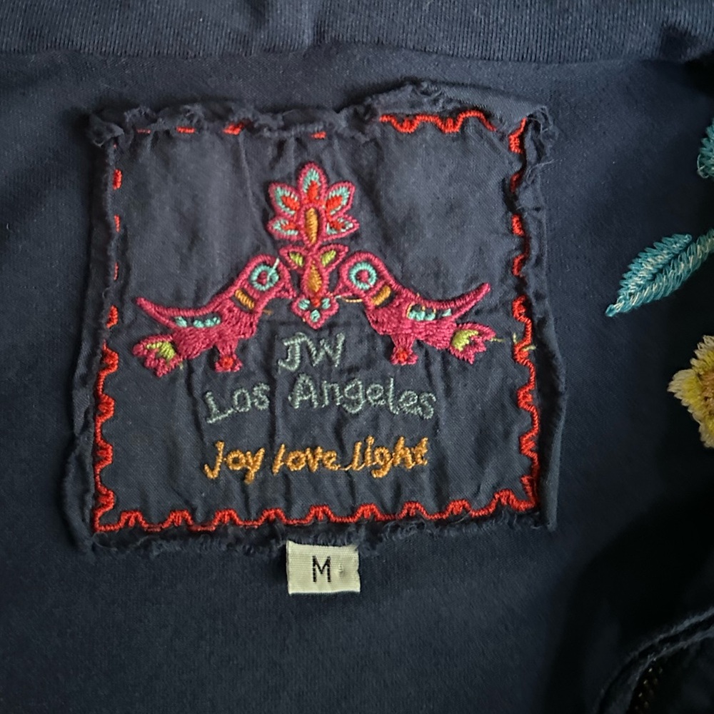 Johnny Was Floral Embroidered Zip Up Hooded Sweatshirt Jacket Relaxed Fit Navy - Picture 4 of 6